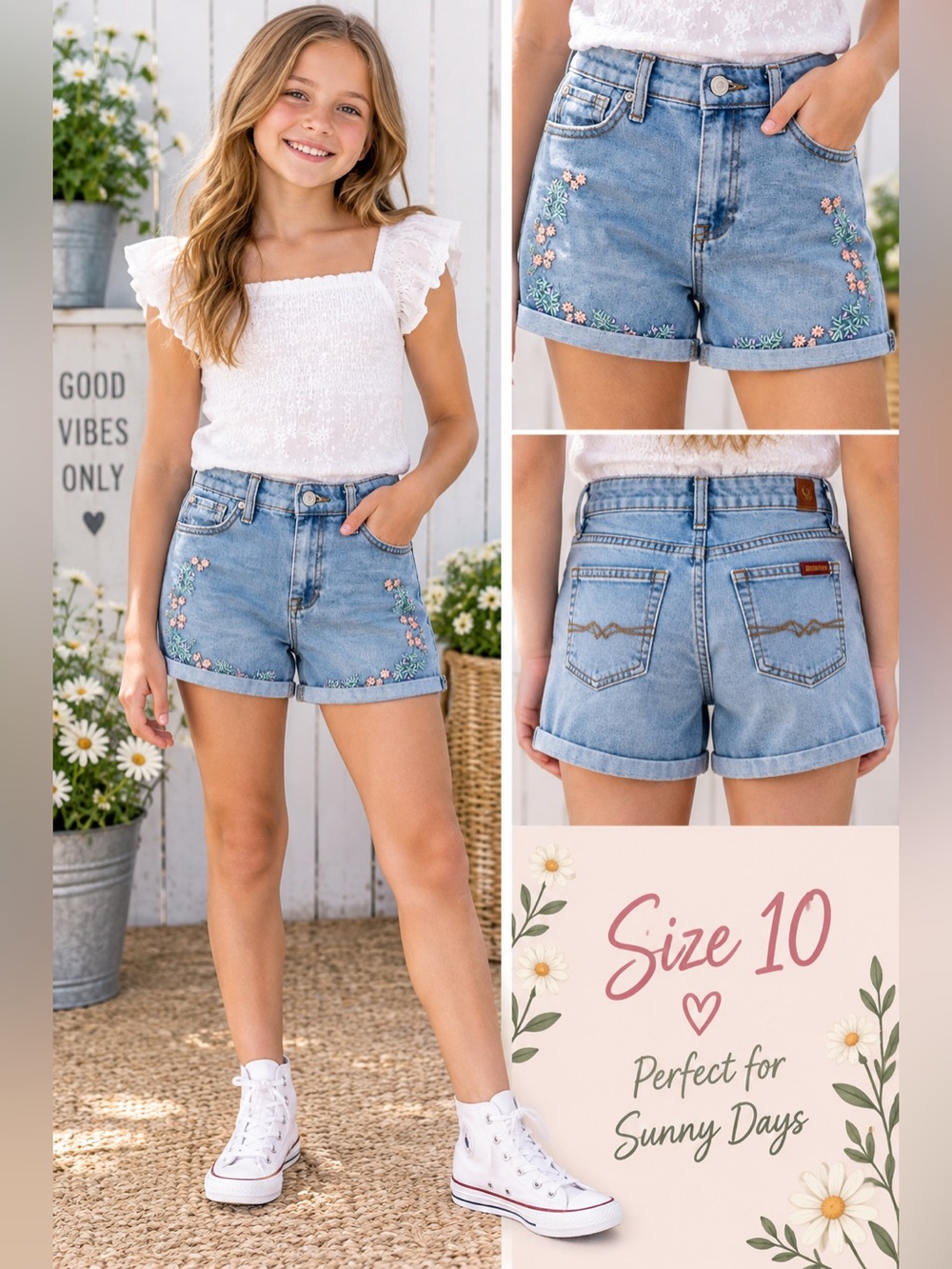 7 For All Mankind Girls Size 10 Floral Embroidered Denim Shorts